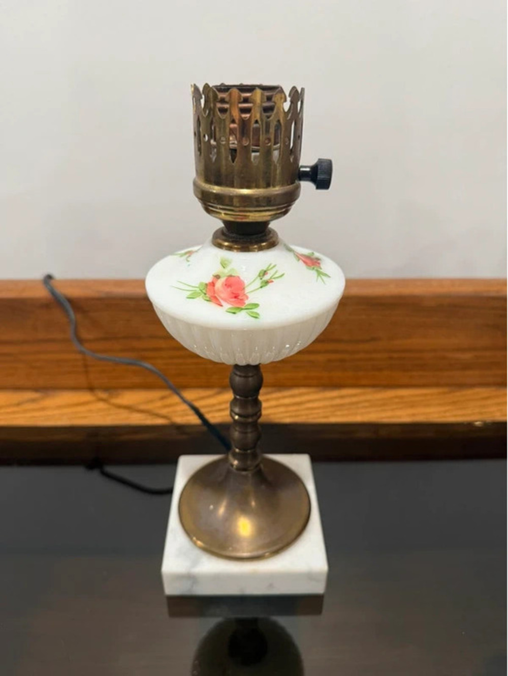Vintage Hand Painted Rose Milk Glass Brass Marble Base Boudoir Lamp